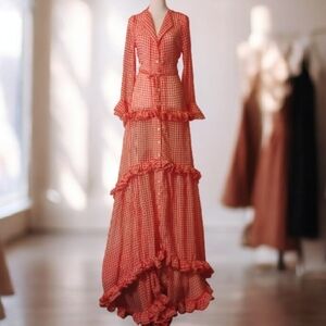 Vintacy Gingham Ruffle Sheer Material Maxi +